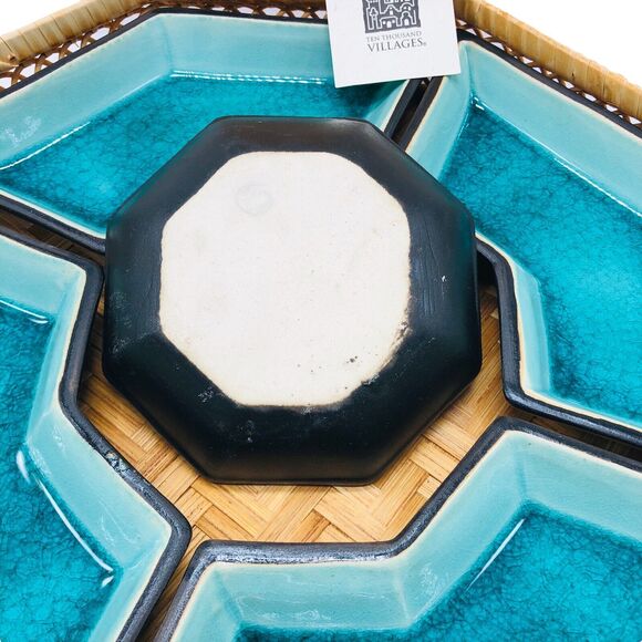 Boho Artisan Handmade Pottery Serving Tray Rattan Covered Snack Appetizer Dish - Picture 2 of 10